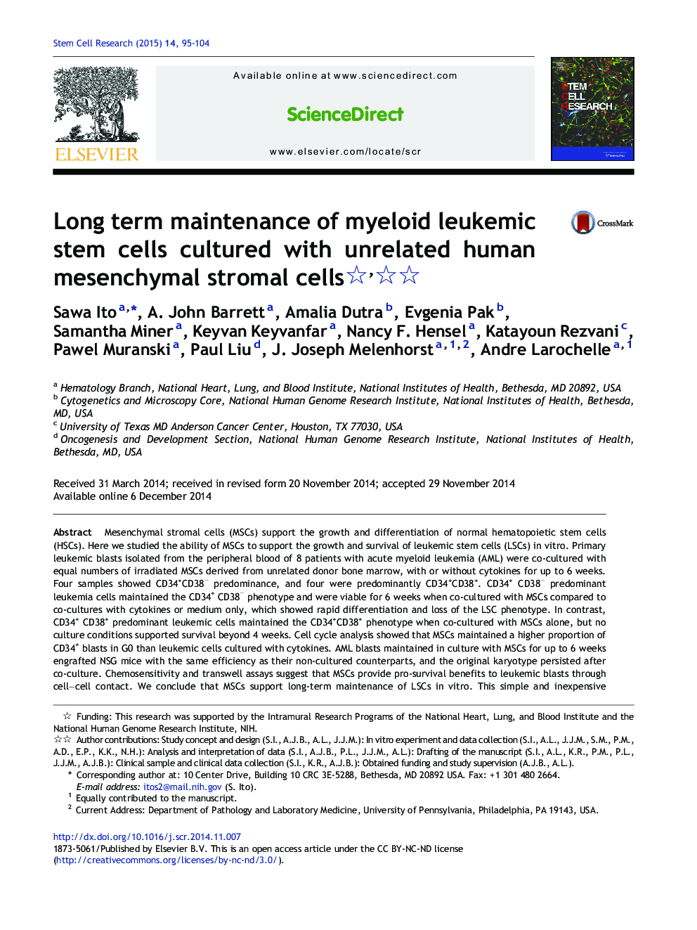Long term maintenance of myeloid leukemic stem cells cultured with unrelated human mesenchymal stromal cells 