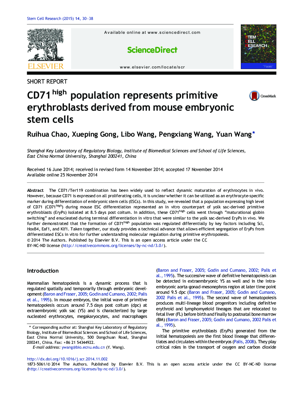 CD71high population represents primitive erythroblasts derived from mouse embryonic stem cells