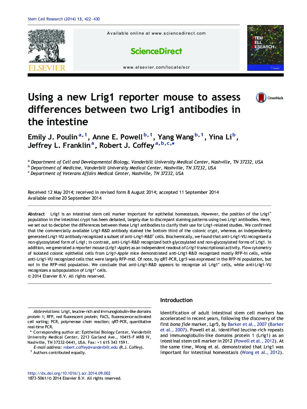 Using a new Lrig1 reporter mouse to assess differences between two Lrig1 antibodies in the intestine