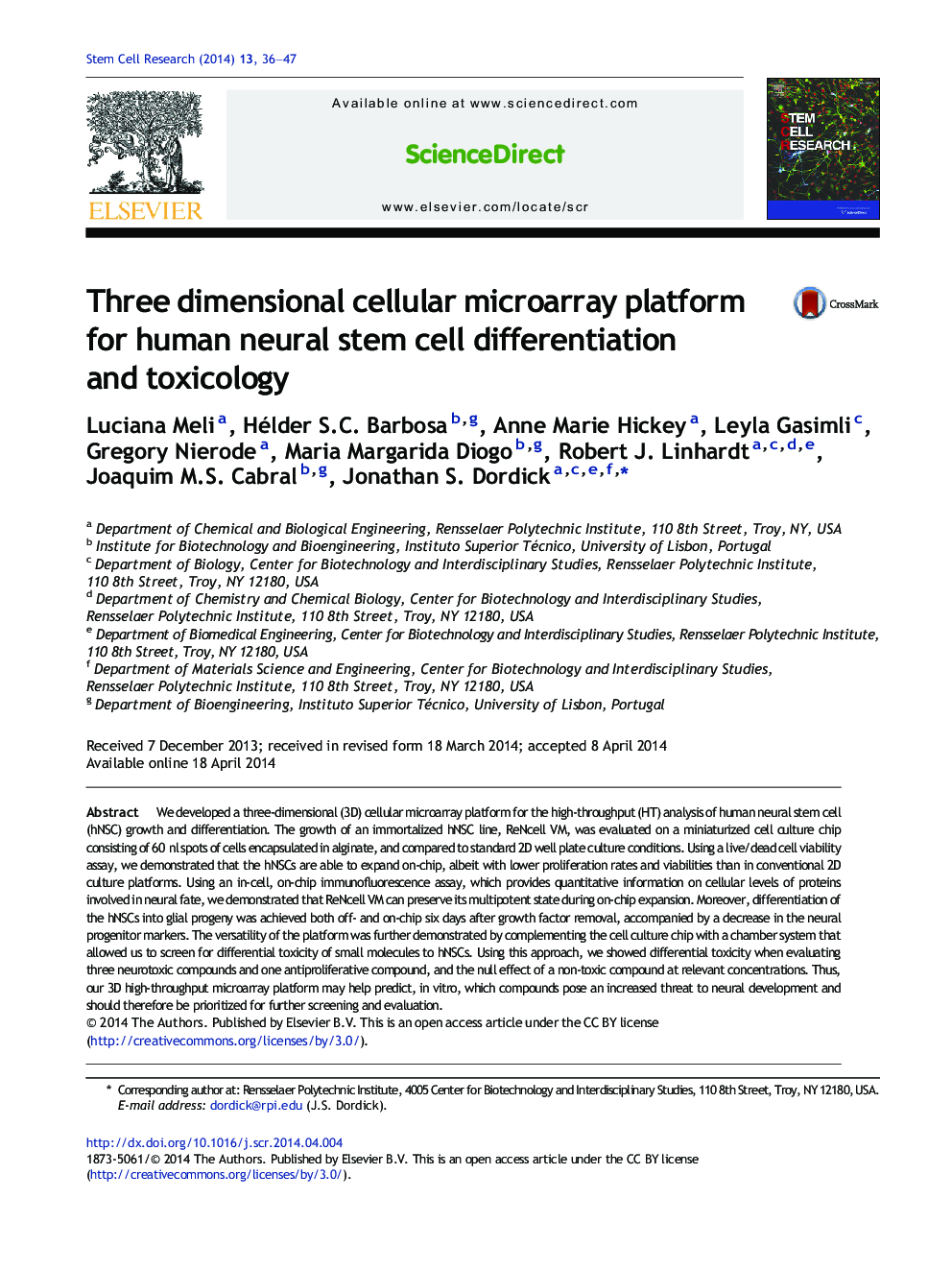 Three dimensional cellular microarray platform for human neural stem cell differentiation and toxicology