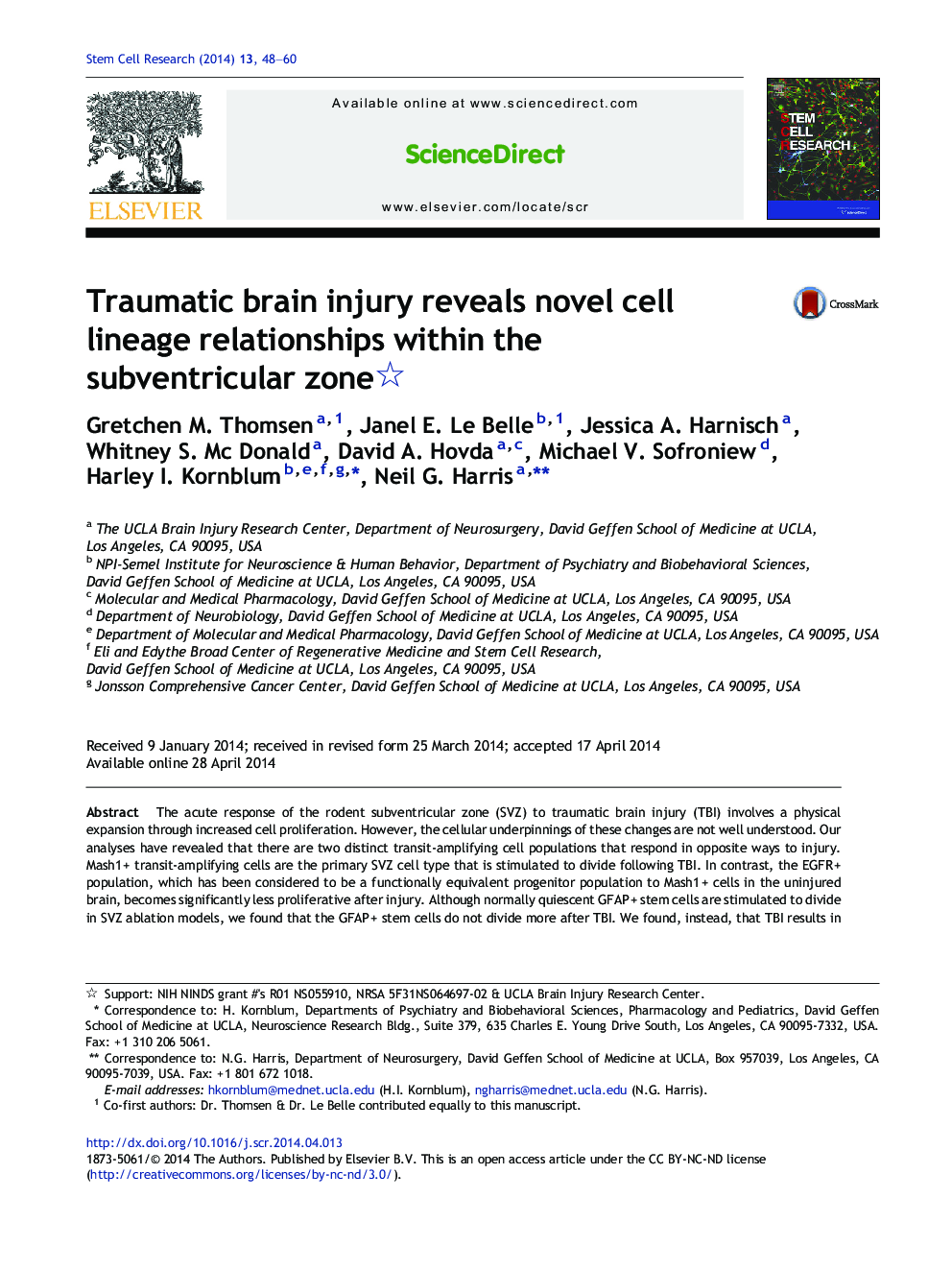 Traumatic brain injury reveals novel cell lineage relationships within the subventricular zone 