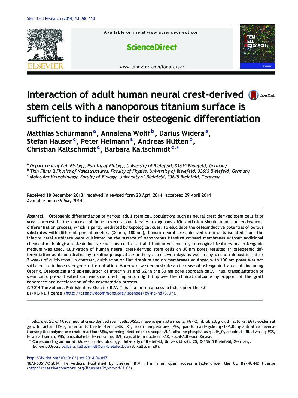 Interaction of adult human neural crest-derived stem cells with a nanoporous titanium surface is sufficient to induce their osteogenic differentiation