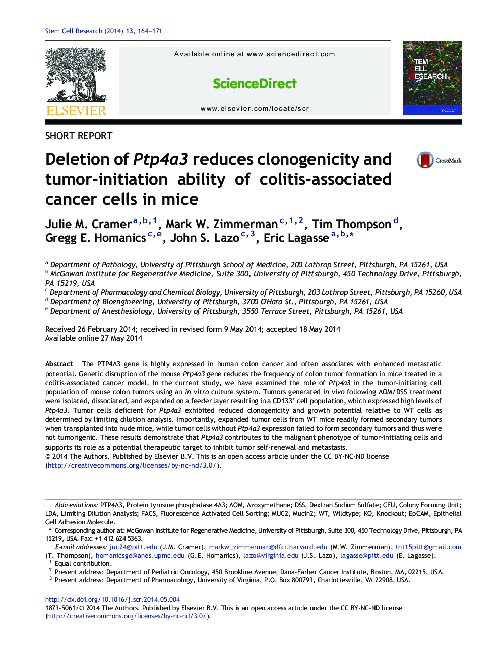 Deletion of Ptp4a3 reduces clonogenicity and tumor-initiation ability of colitis-associated cancer cells in mice