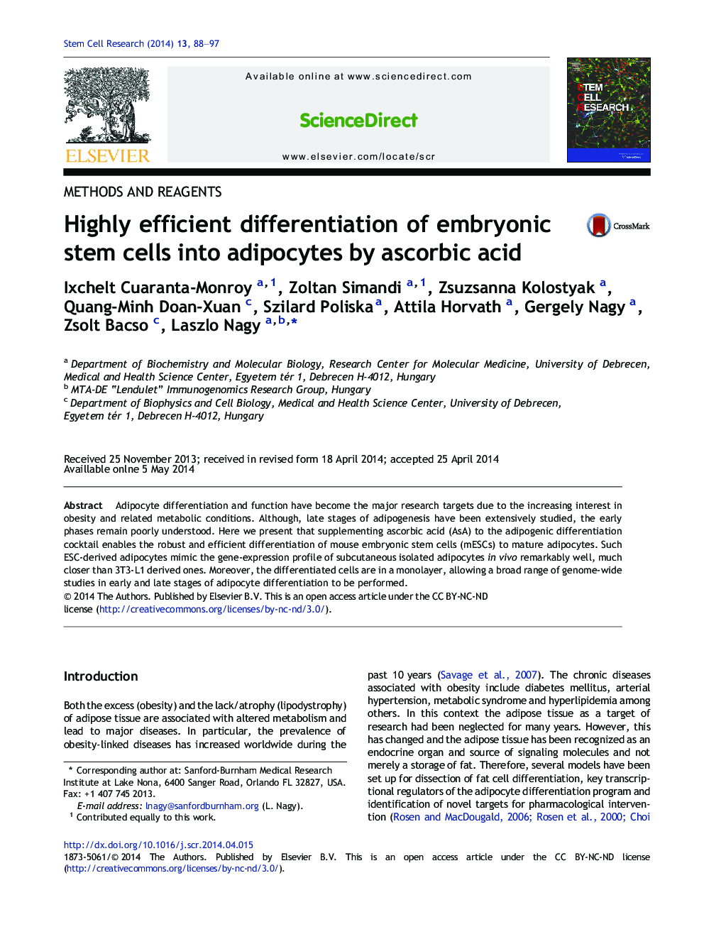 Highly efficient differentiation of embryonic stem cells into adipocytes by ascorbic acid