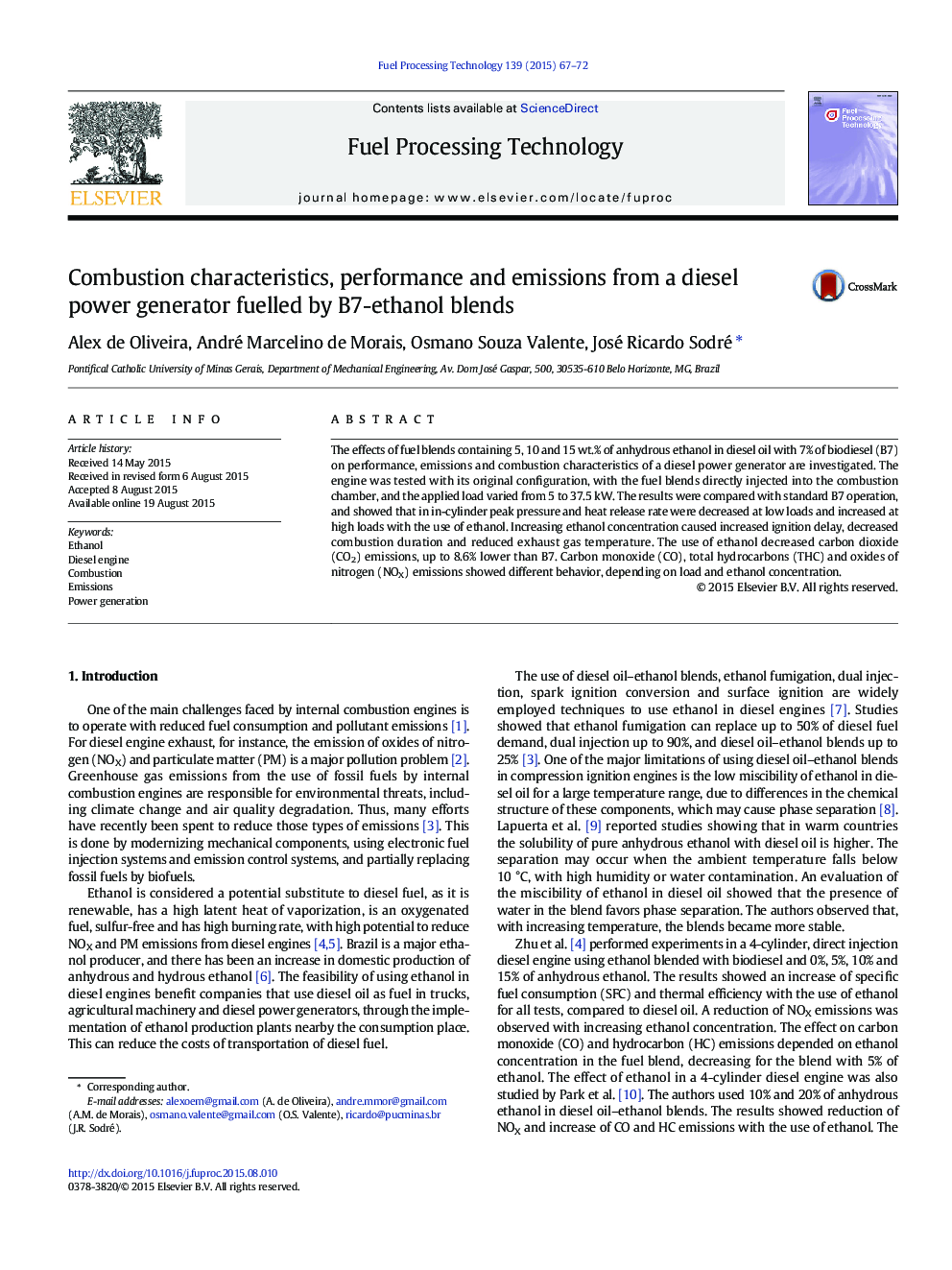 Combustion characteristics, performance and emissions from a diesel power generator fuelled by B7-ethanol blends