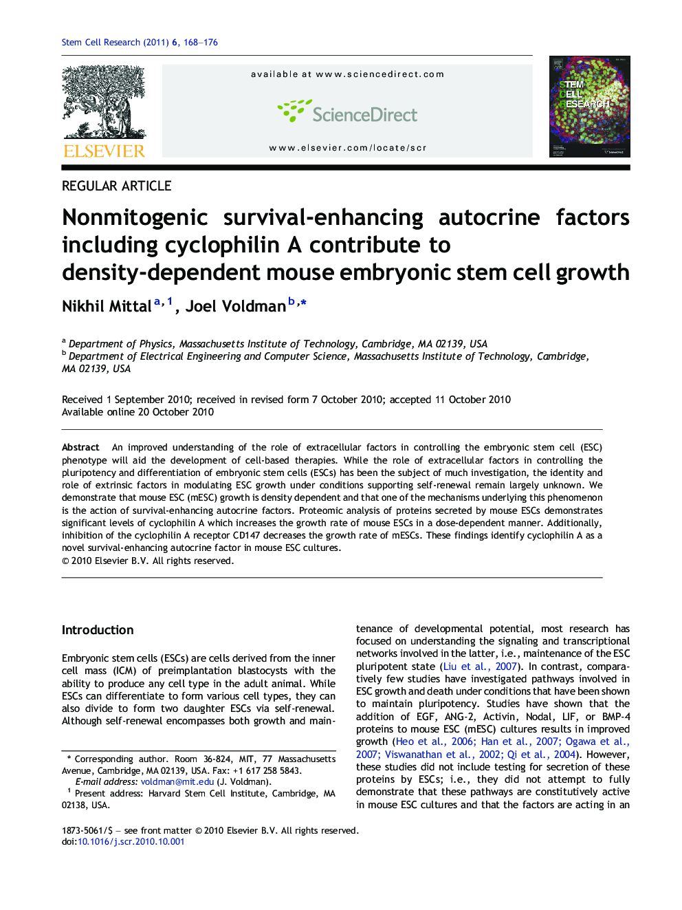 Nonmitogenic survival-enhancing autocrine factors including cyclophilin A contribute to density-dependent mouse embryonic stem cell growth