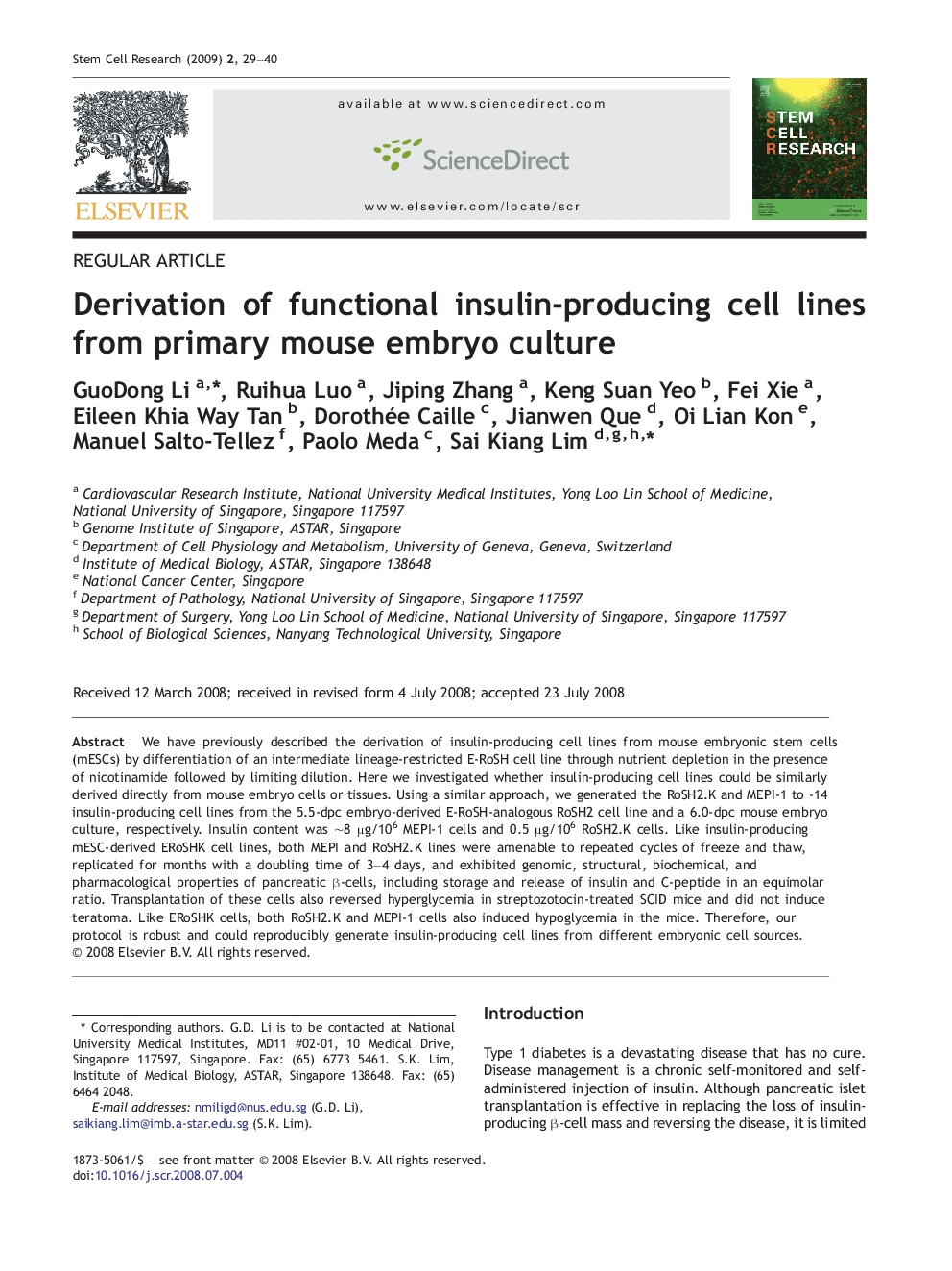 Derivation of functional insulin-producing cell lines from primary mouse embryo culture