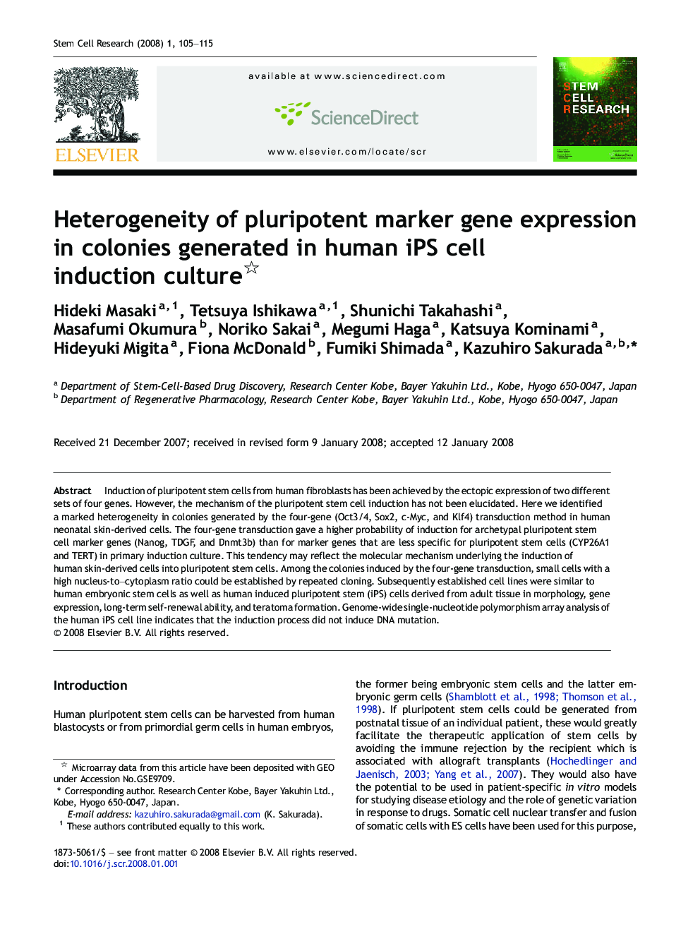 Heterogeneity of pluripotent marker gene expression in colonies generated in human iPS cell induction culture 