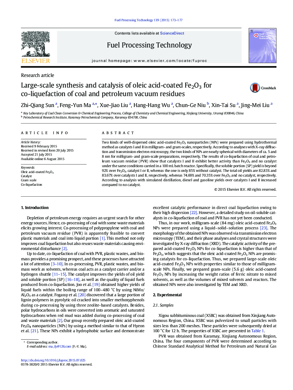 Large-scale synthesis and catalysis of oleic acid-coated Fe2O3 for co-liquefaction of coal and petroleum vacuum residues