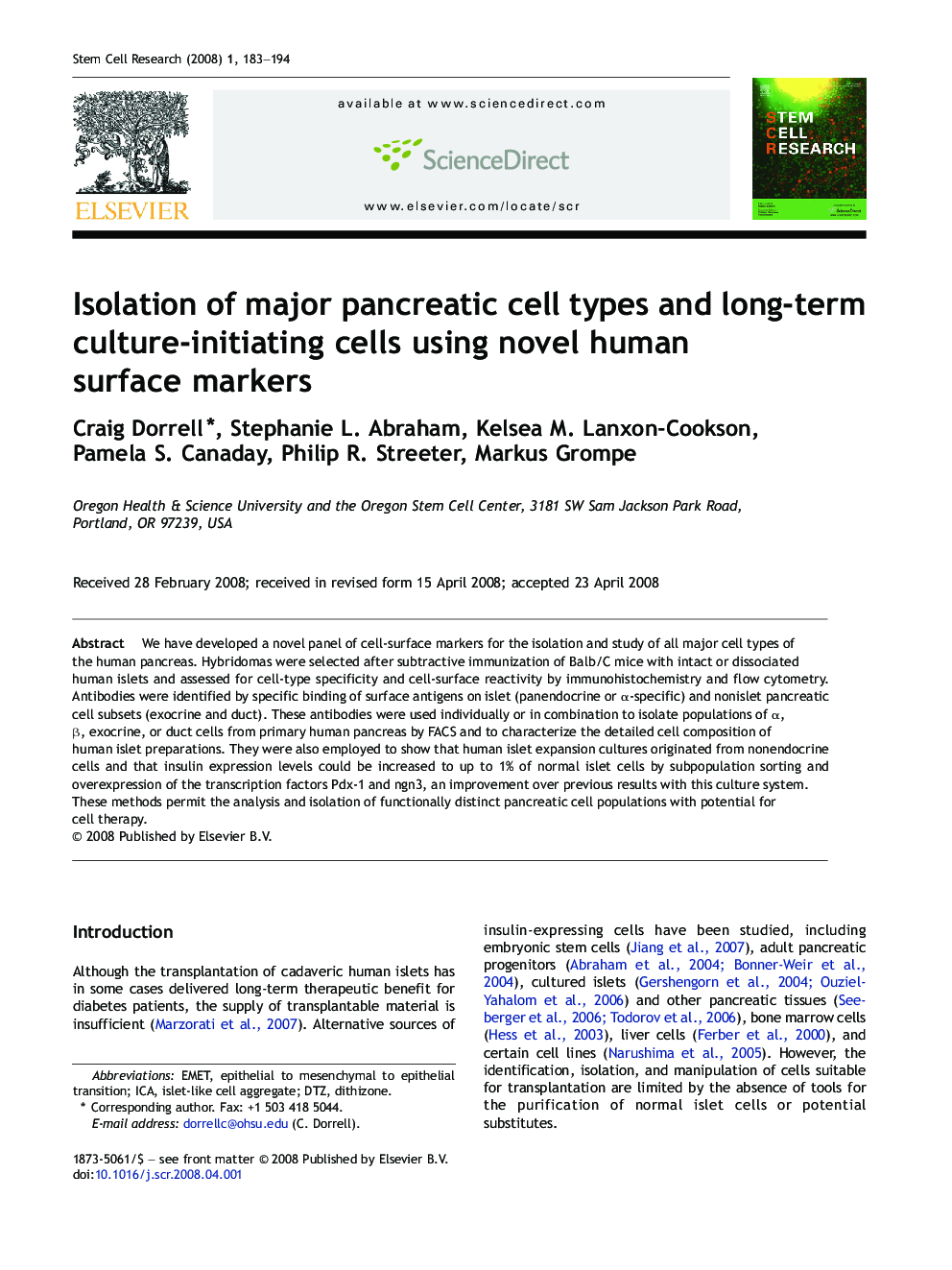 Isolation of major pancreatic cell types and long-term culture-initiating cells using novel human surface markers