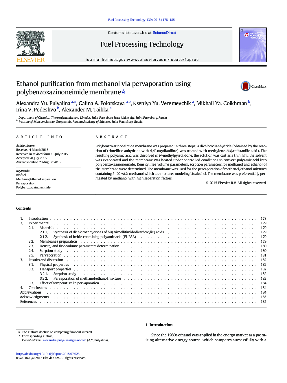 Ethanol purification from methanol via pervaporation using polybеnzoхazinonеimidе membrane 