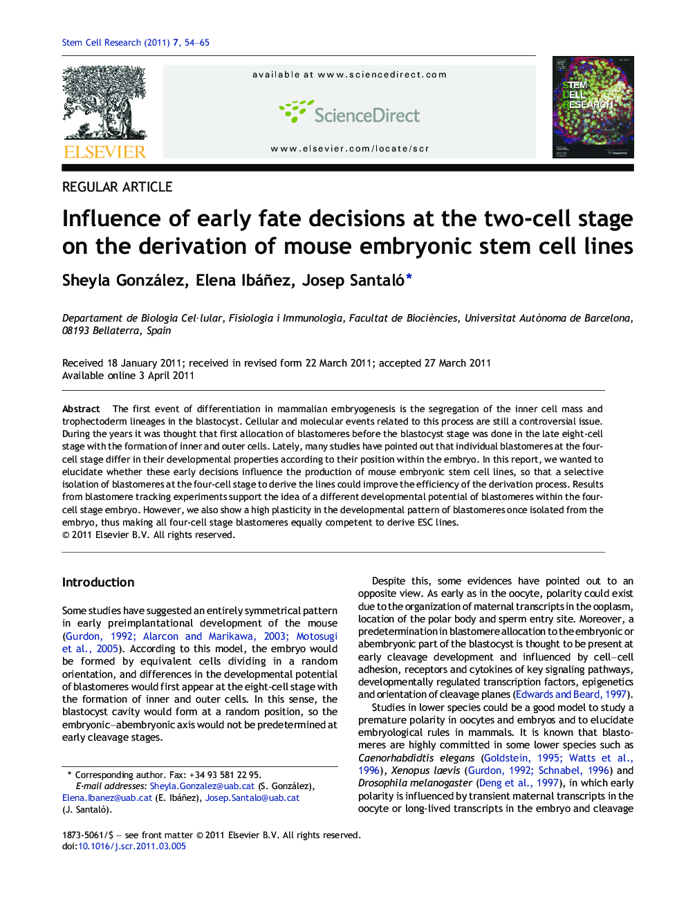 Influence of early fate decisions at the two-cell stage on the derivation of mouse embryonic stem cell lines