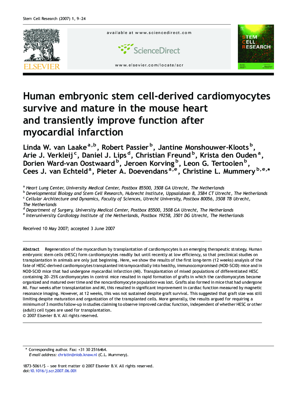 Human embryonic stem cell-derived cardiomyocytes survive and mature in the mouse heart and transiently improve function after myocardial infarction