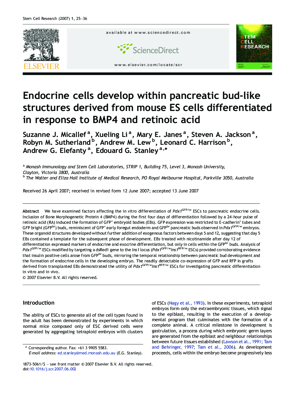 Endocrine cells develop within pancreatic bud-like structures derived from mouse ES cells differentiated in response to BMP4 and retinoic acid