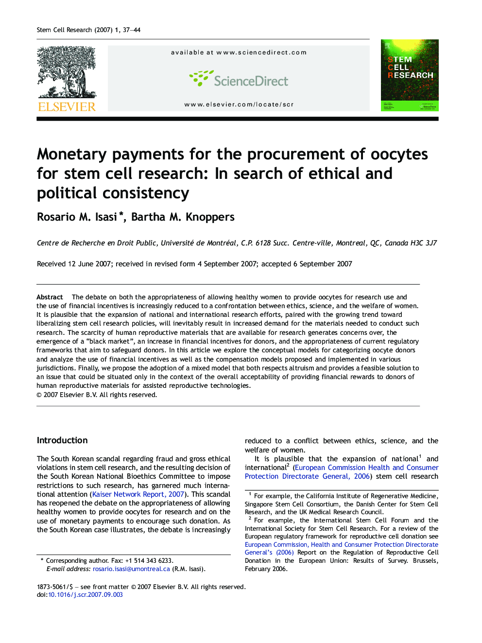 Monetary payments for the procurement of oocytes for stem cell research: In search of ethical and political consistency