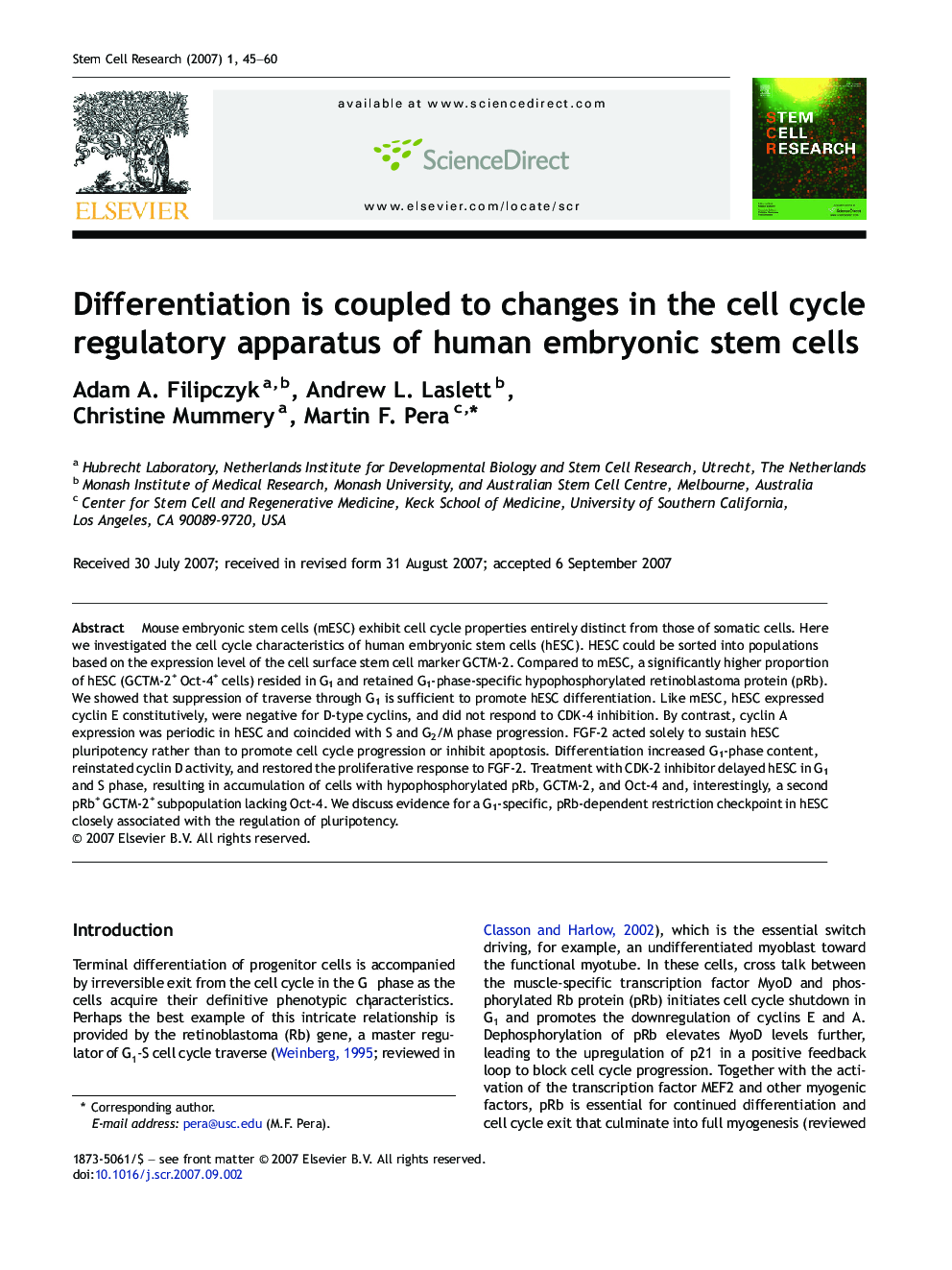 Differentiation is coupled to changes in the cell cycle regulatory apparatus of human embryonic stem cells