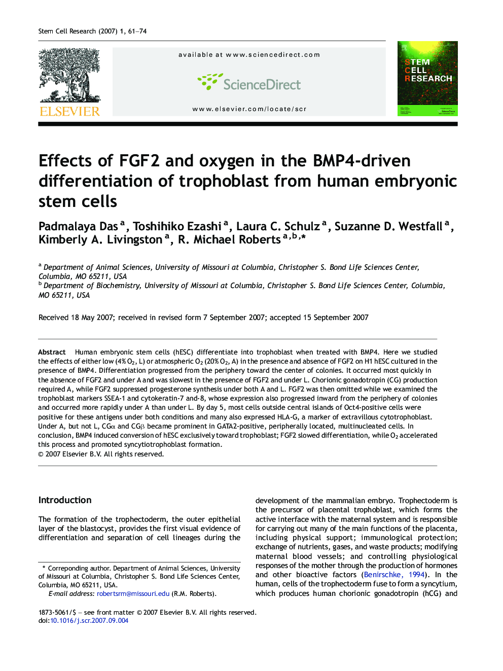 Effects of FGF2 and oxygen in the BMP4-driven differentiation of trophoblast from human embryonic stem cells
