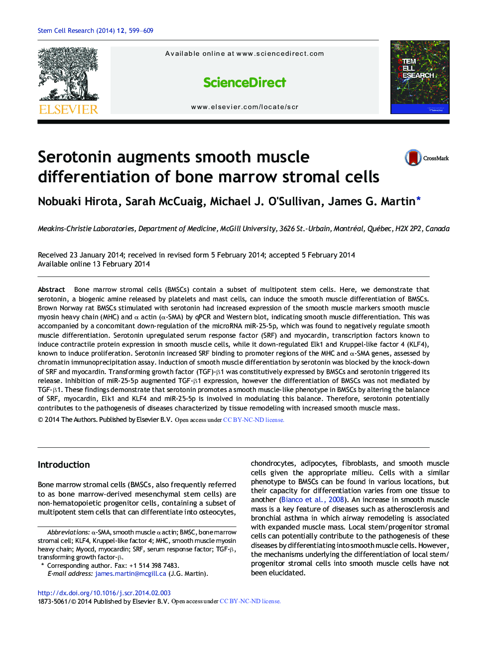 Serotonin augments smooth muscle differentiation of bone marrow stromal cells