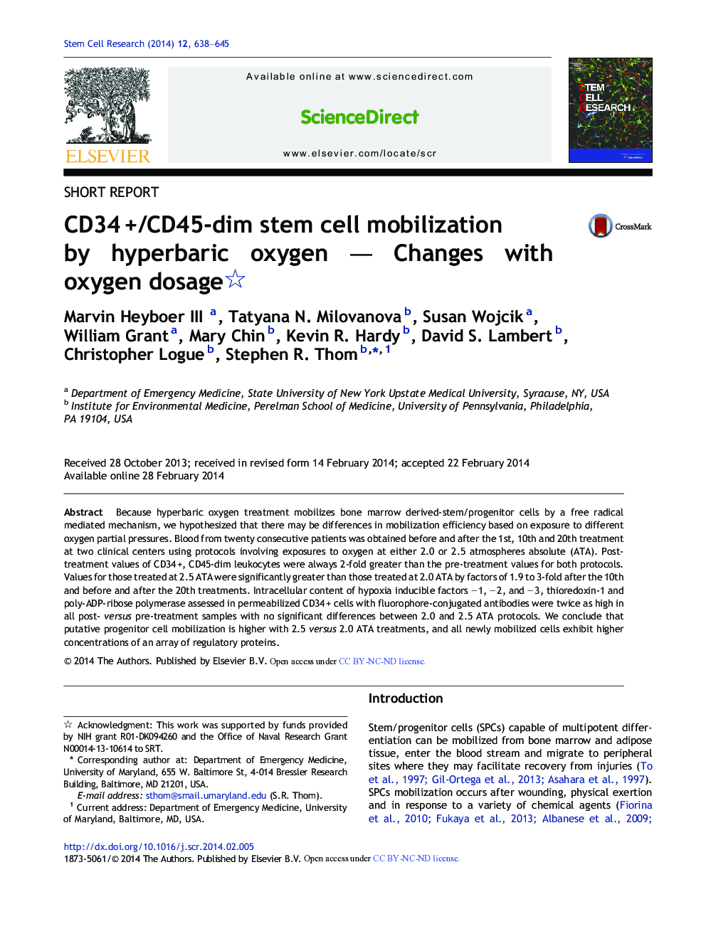 CD34 +/CD45-dim stem cell mobilization by hyperbaric oxygen — Changes with oxygen dosage 