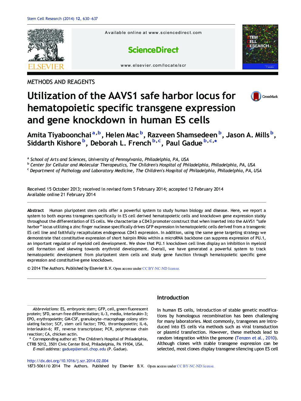 Utilization of the AAVS1 safe harbor locus for hematopoietic specific transgene expression and gene knockdown in human ES cells
