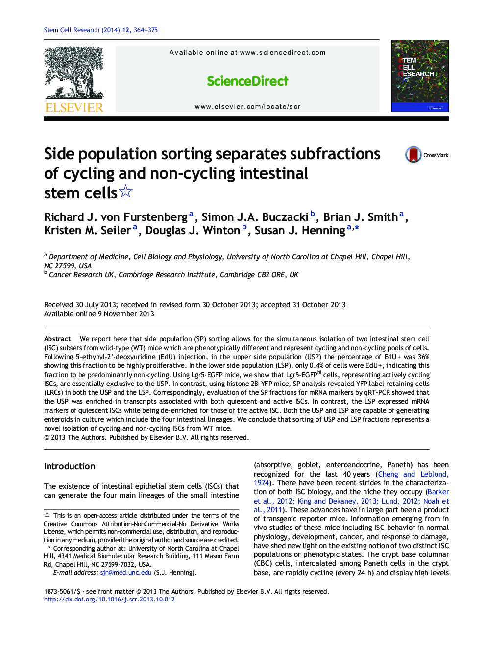 Side population sorting separates subfractions of cycling and non-cycling intestinal stem cells 