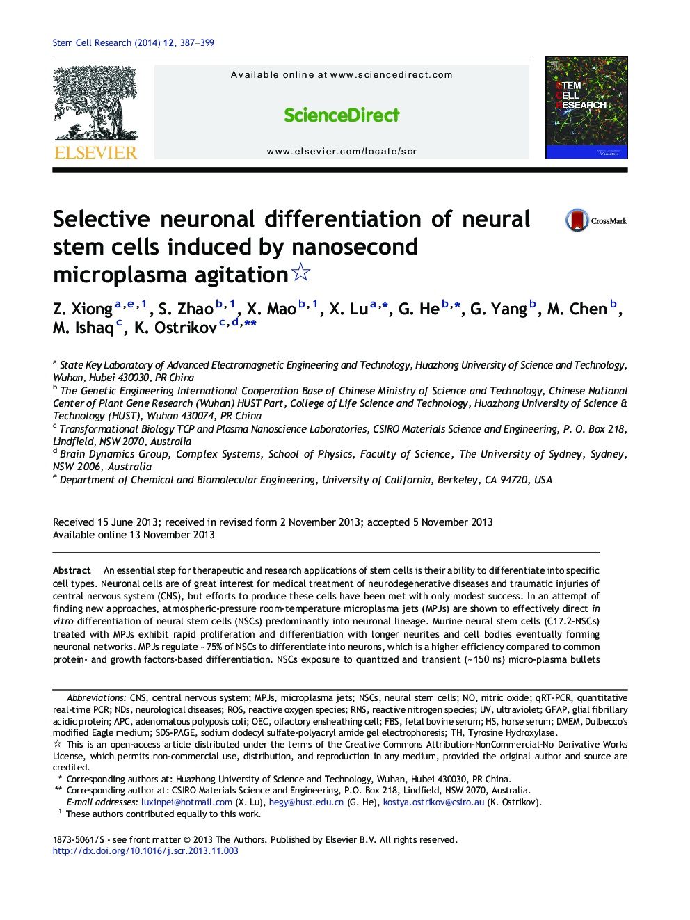 Selective neuronal differentiation of neural stem cells induced by nanosecond microplasma agitation 