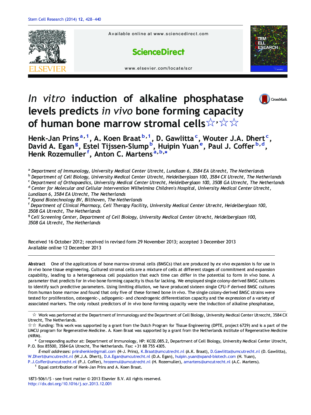 In vitro induction of alkaline phosphatase levels predicts in vivo bone forming capacity of human bone marrow stromal cells 