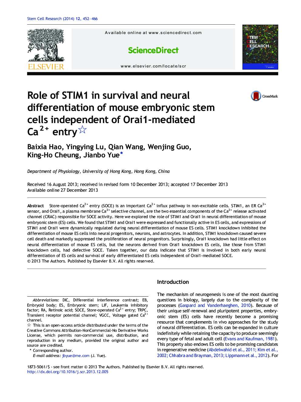 Role of STIM1 in survival and neural differentiation of mouse embryonic stem cells independent of Orai1-mediated Ca2 + entry 