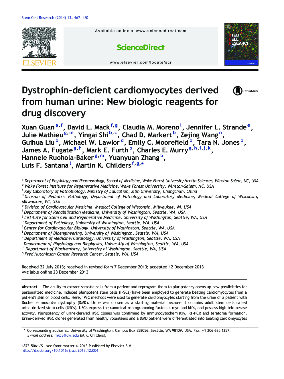 Dystrophin-deficient cardiomyocytes derived from human urine: New biologic reagents for drug discovery