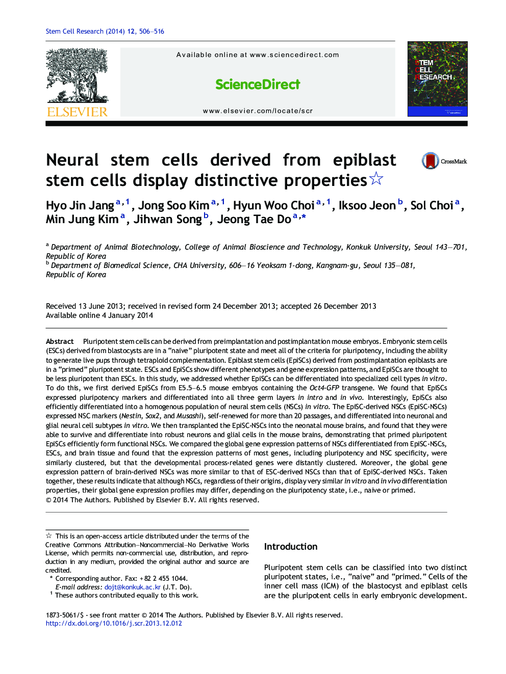 Neural stem cells derived from epiblast stem cells display distinctive properties 