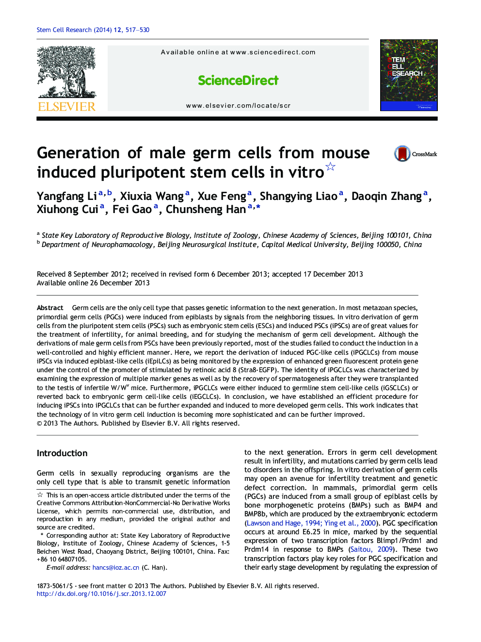 Generation of male germ cells from mouse induced pluripotent stem cells in vitro 