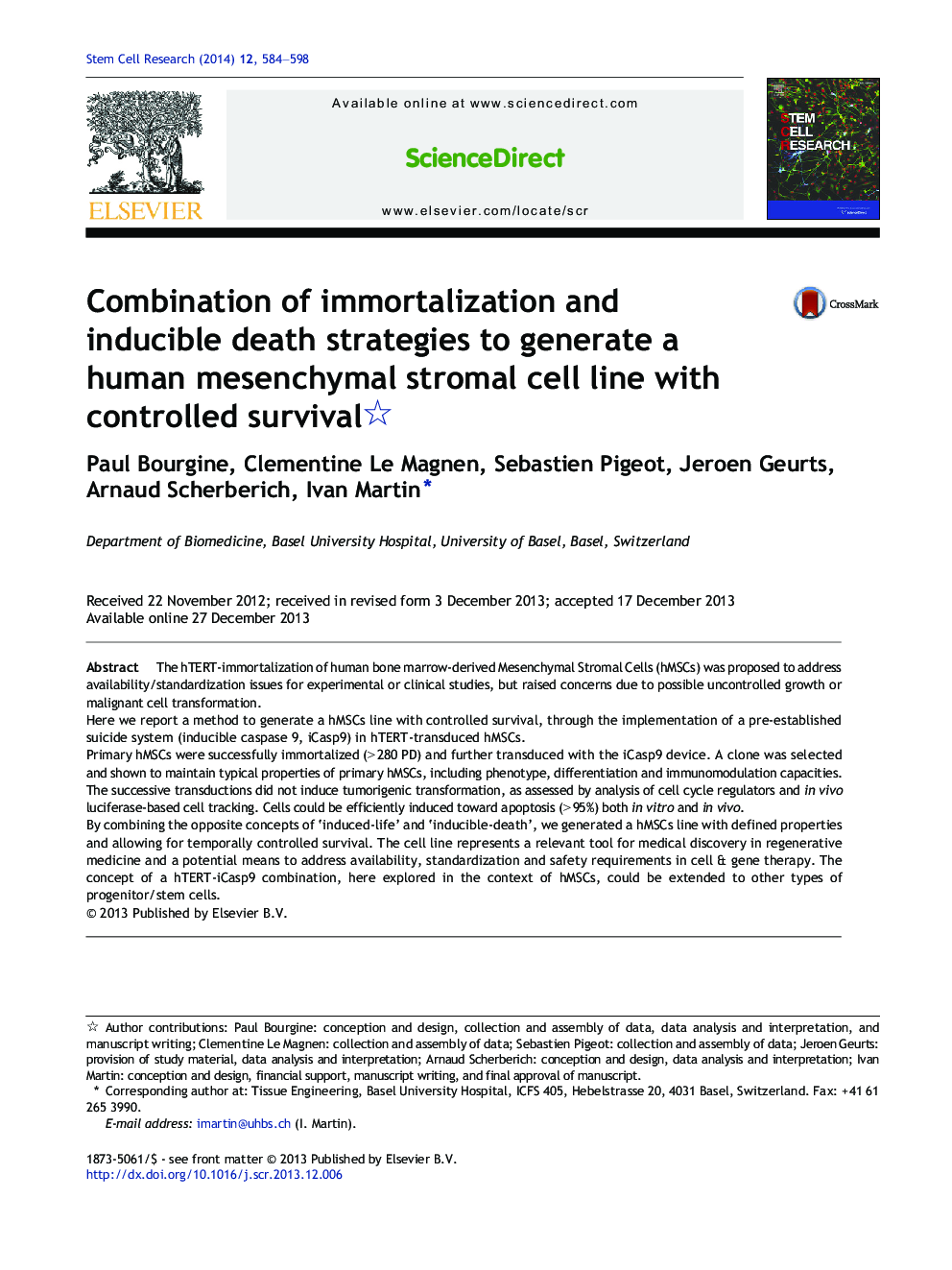 Combination of immortalization and inducible death strategies to generate a human mesenchymal stromal cell line with controlled survival 