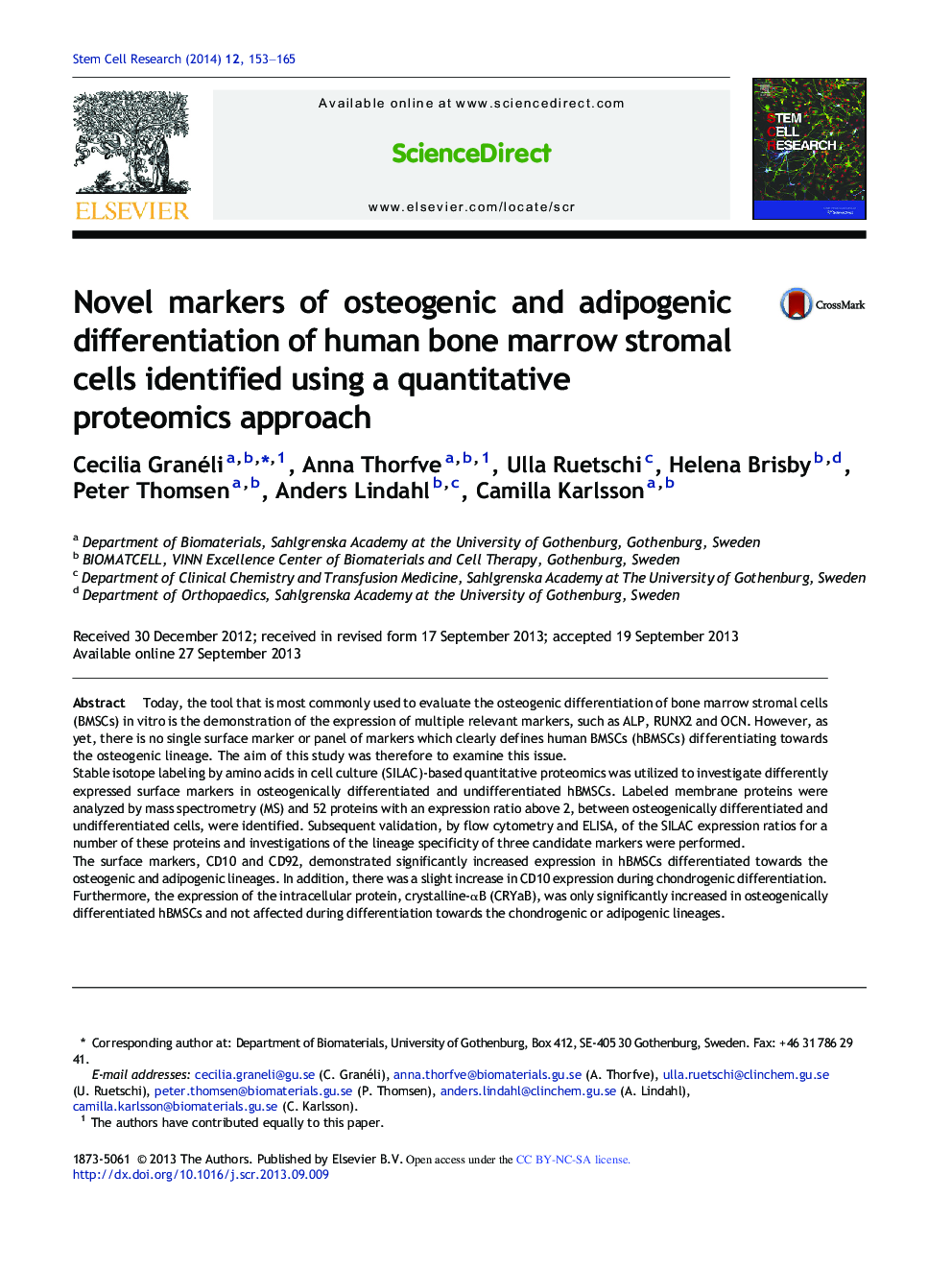Novel markers of osteogenic and adipogenic differentiation of human bone marrow stromal cells identified using a quantitative proteomics approach