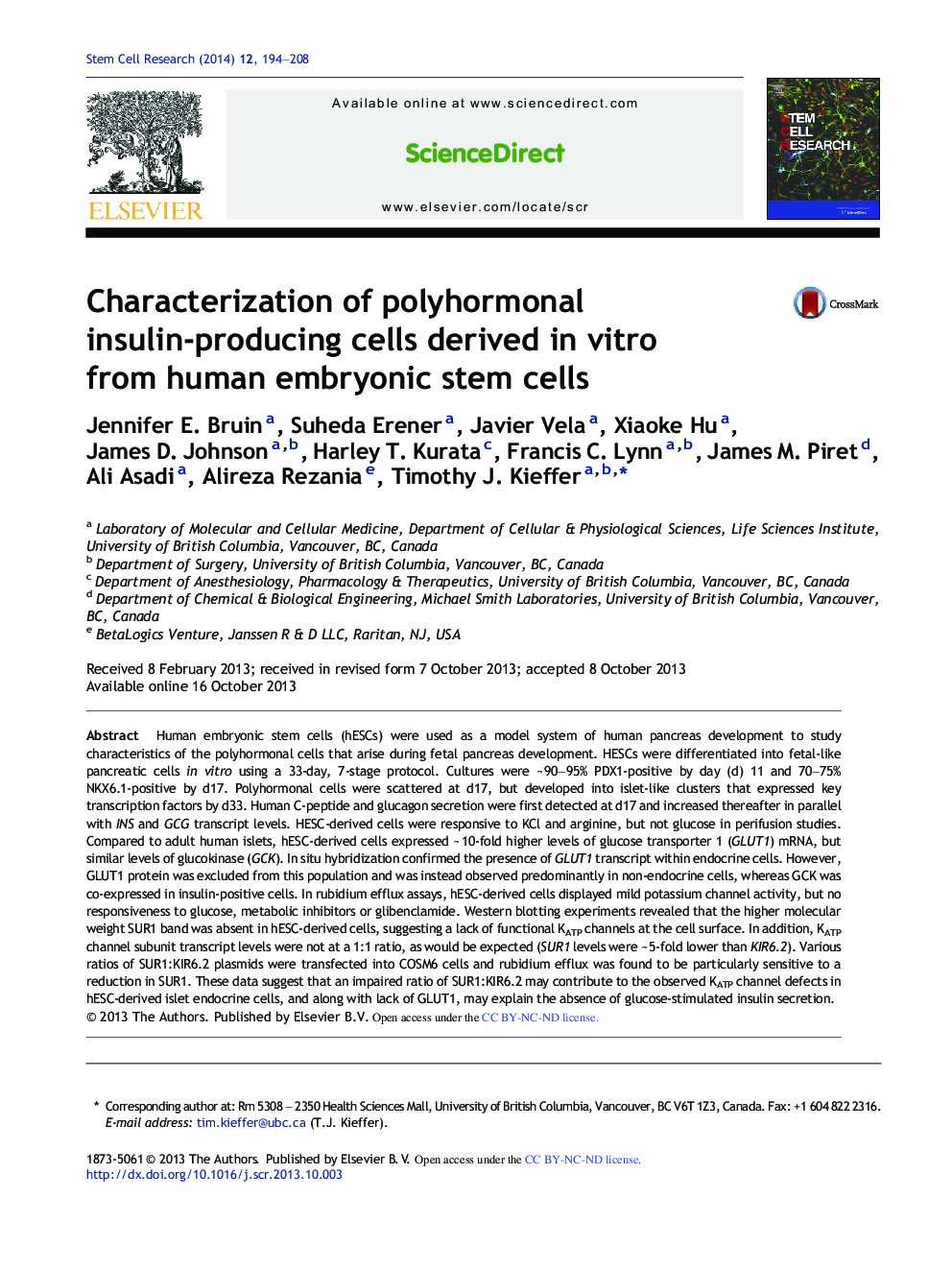 Characterization of polyhormonal insulin-producing cells derived in vitro from human embryonic stem cells