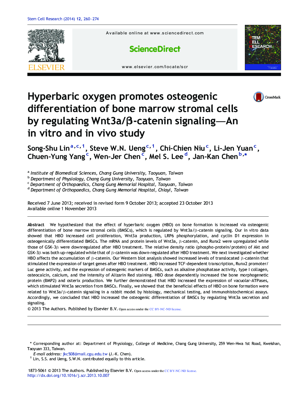 Hyperbaric oxygen promotes osteogenic differentiation of bone marrow stromal cells by regulating Wnt3a/β-catenin signaling—An in vitro and in vivo study