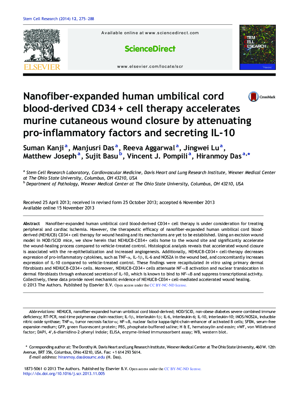 Nanofiber-expanded human umbilical cord blood-derived CD34 + cell therapy accelerates murine cutaneous wound closure by attenuating pro-inflammatory factors and secreting IL-10