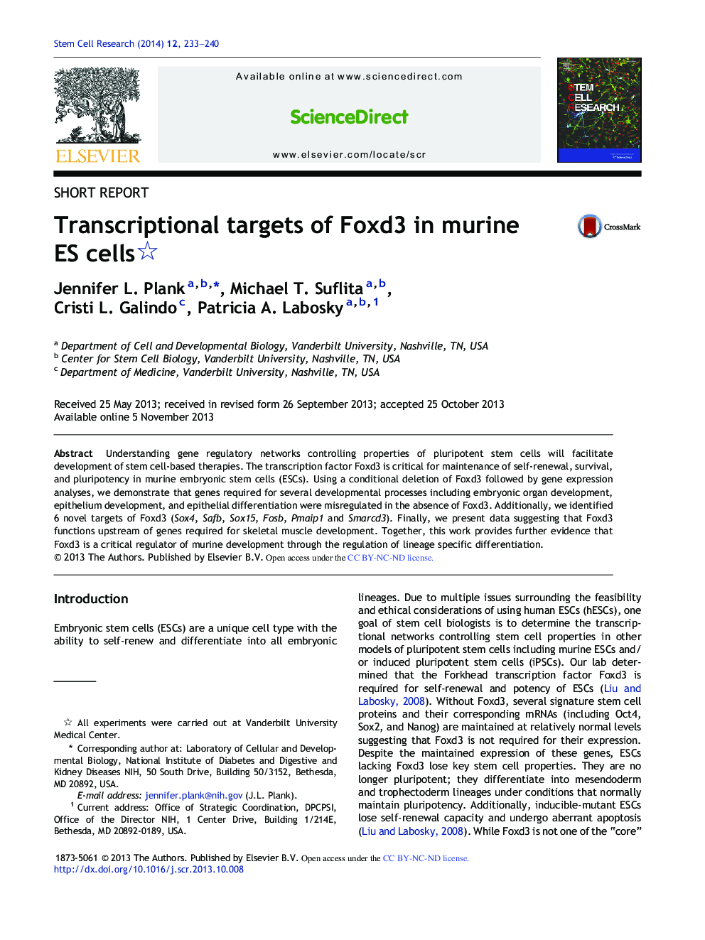 Transcriptional targets of Foxd3 in murine ES cells 