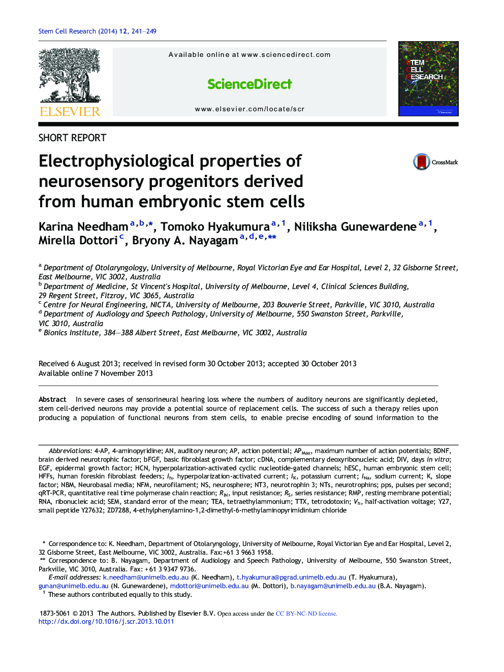 Electrophysiological properties of neurosensory progenitors derived from human embryonic stem cells