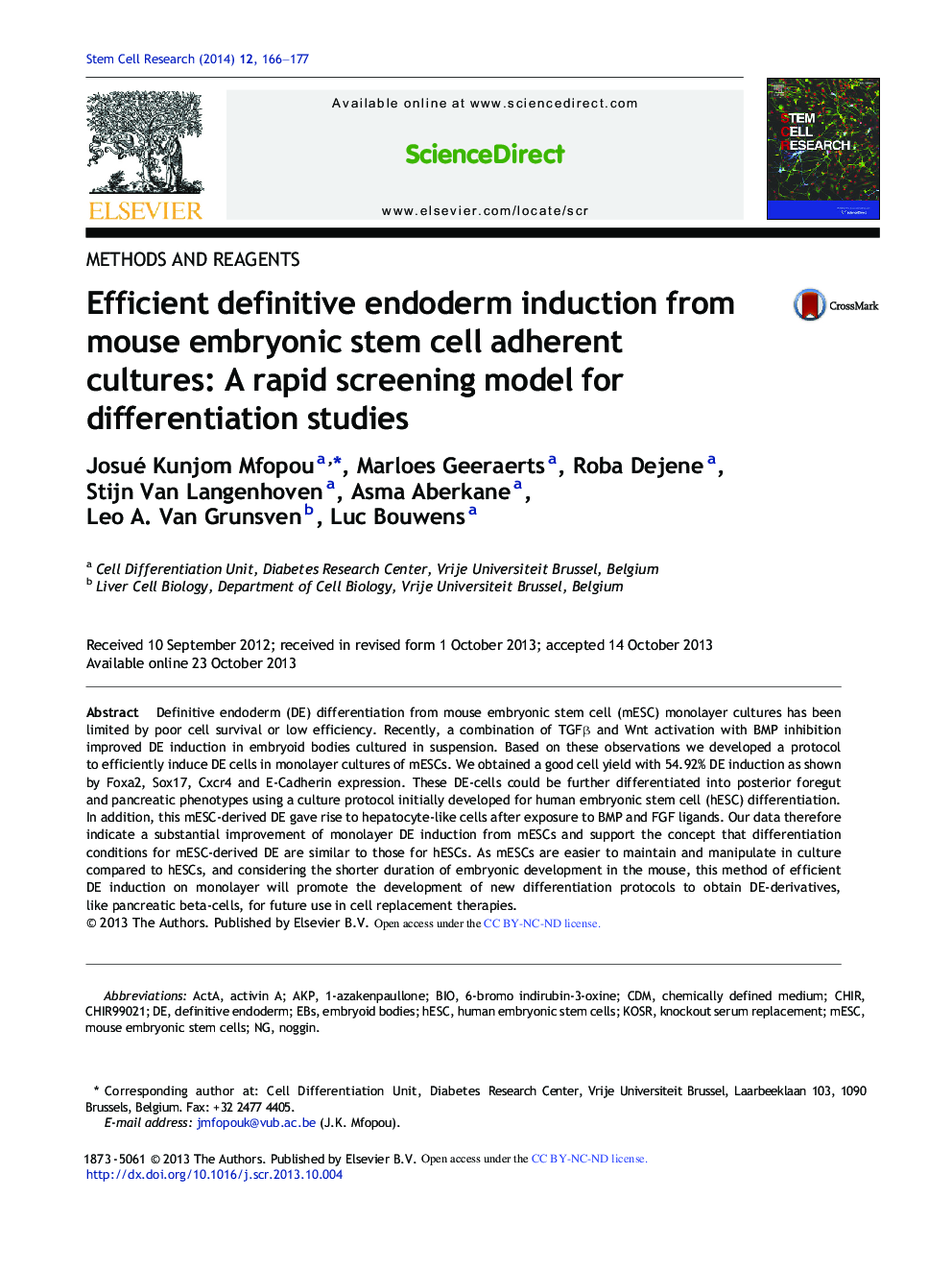 Efficient definitive endoderm induction from mouse embryonic stem cell adherent cultures: A rapid screening model for differentiation studies