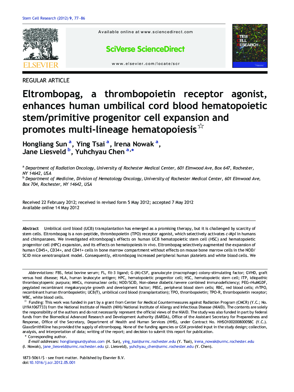 Eltrombopag, a thrombopoietin receptor agonist, enhances human umbilical cord blood hematopoietic stem/primitive progenitor cell expansion and promotes multi-lineage hematopoiesis 