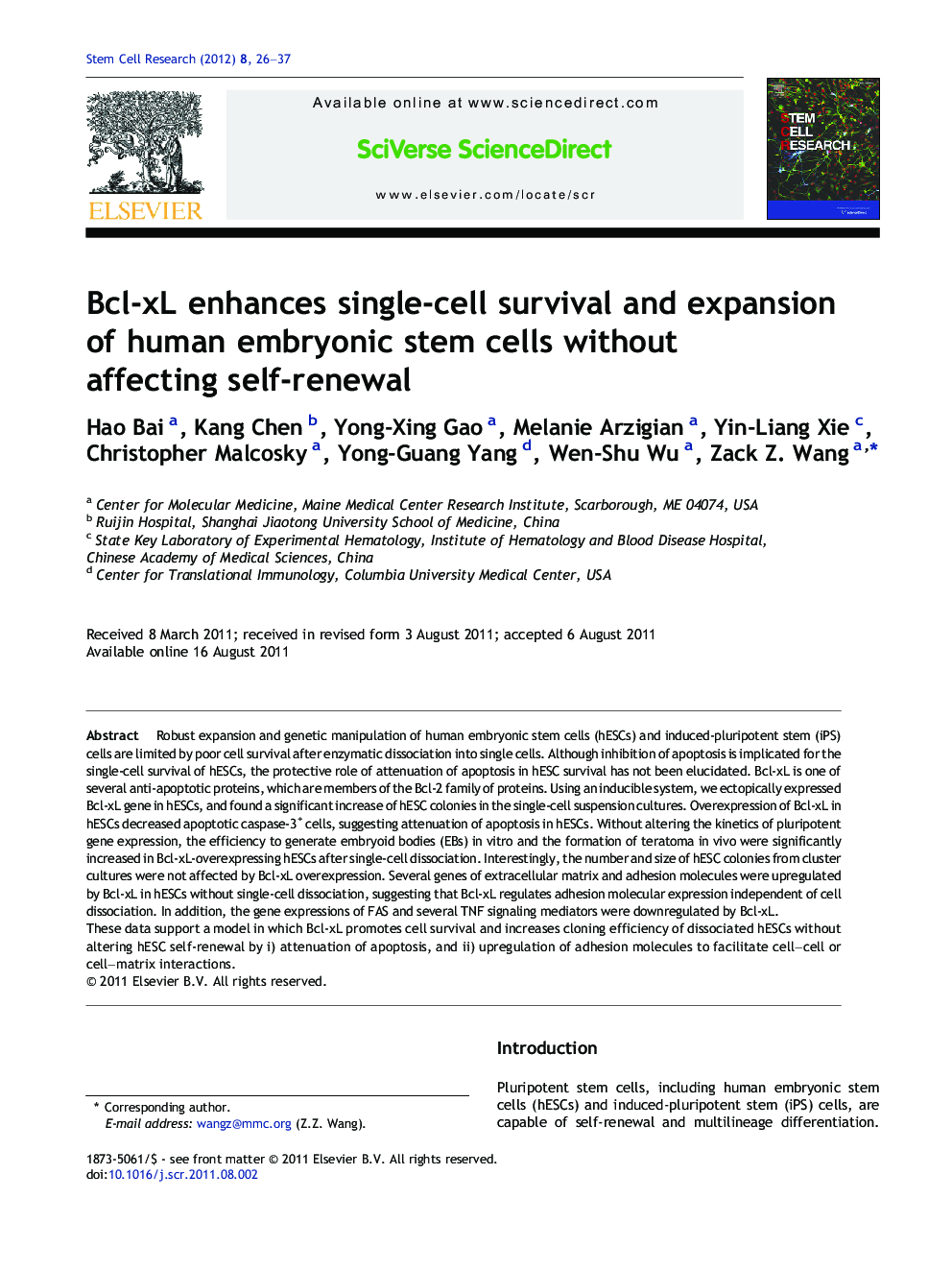 Bcl-xL enhances single-cell survival and expansion of human embryonic stem cells without affecting self-renewal