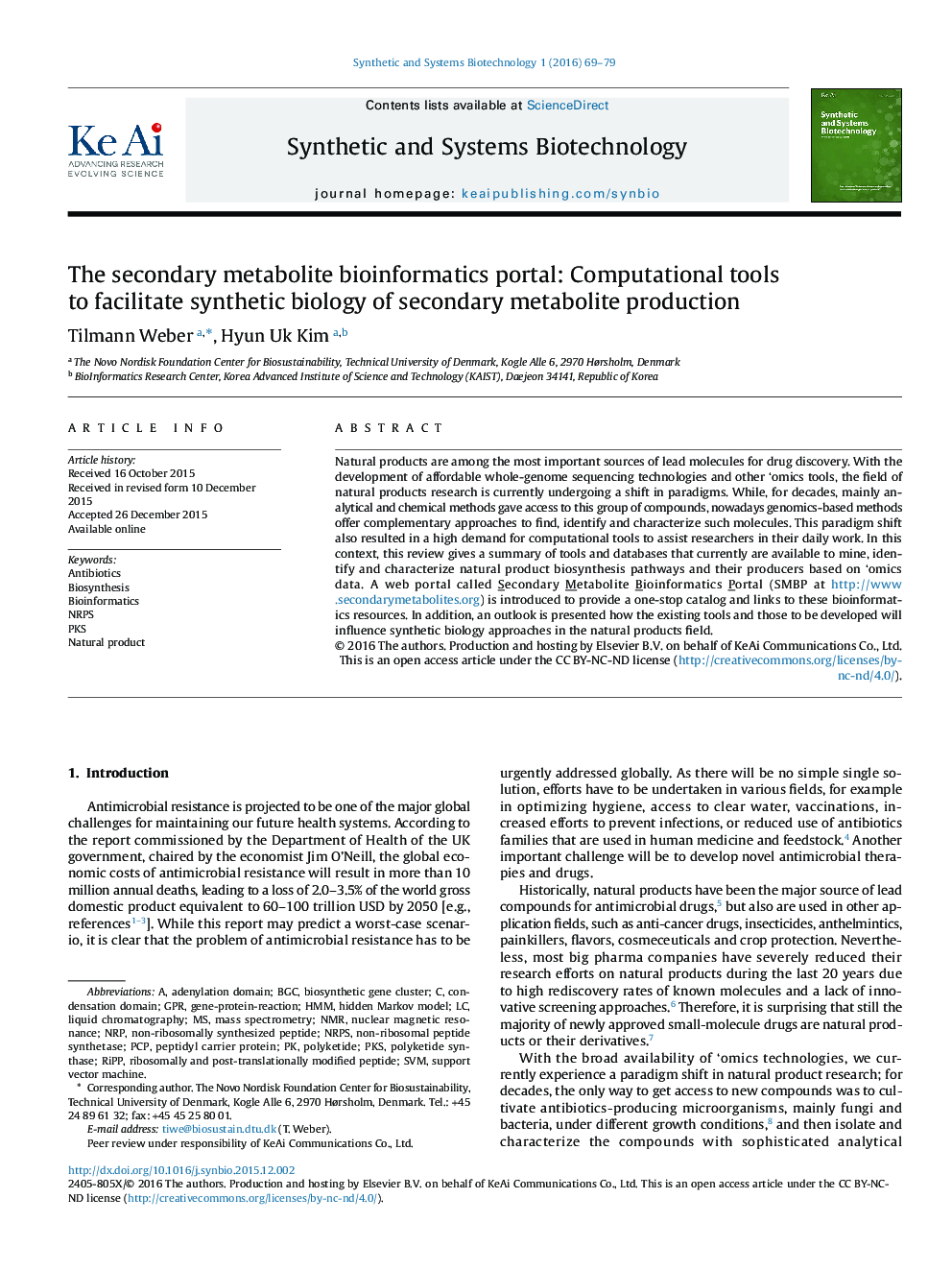 The secondary metabolite bioinformatics portal: Computational tools to facilitate synthetic biology of secondary metabolite production 