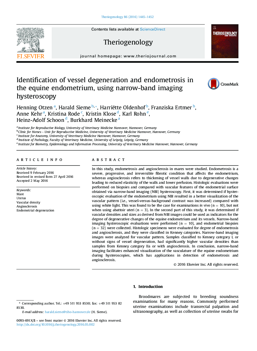 Identification of vessel degeneration and endometrosis in the equine endometrium, using narrow-band imaging hysteroscopy