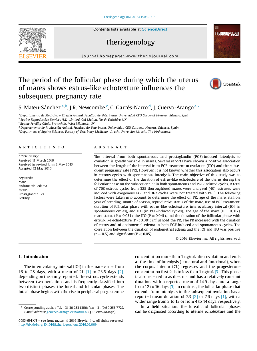 The period of the follicular phase during which the uterus of mares shows estrus-like echotexture influences the subsequent pregnancy rate