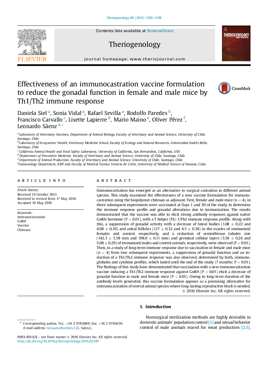 Effectiveness of an immunocastration vaccine formulation to reduce the gonadal function in female and male mice by Th1/Th2 immune response