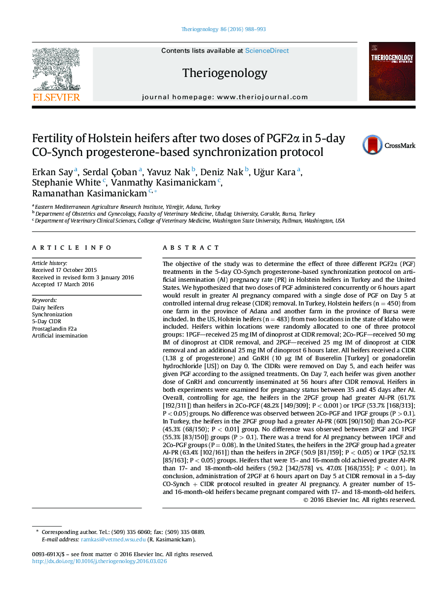 Fertility of Holstein heifers after two doses of PGF2α in 5-day CO-Synch progesterone-based synchronization protocol