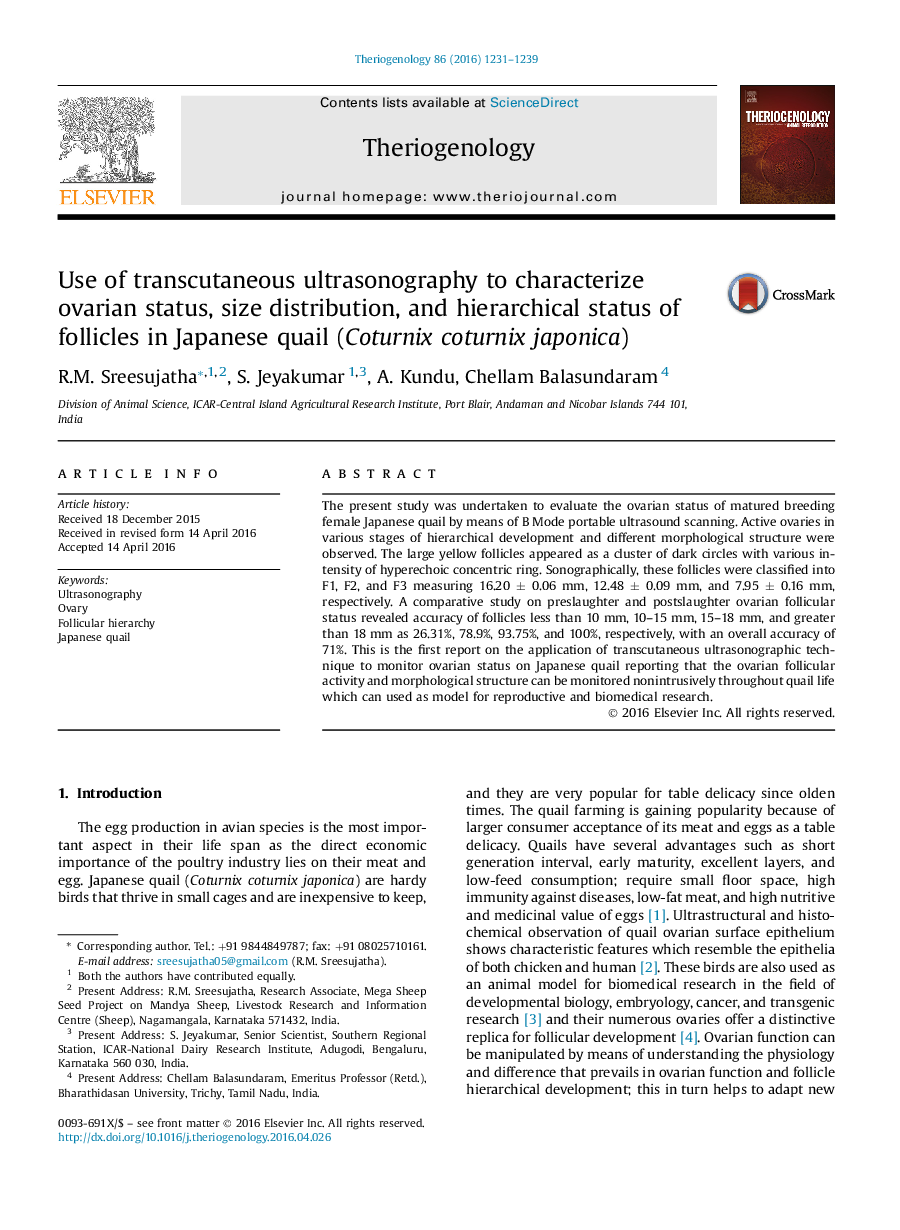 Use of transcutaneous ultrasonography to characterize ovarian status, size distribution, and hierarchical status of follicles in Japanese quail (Coturnix coturnix japonica)