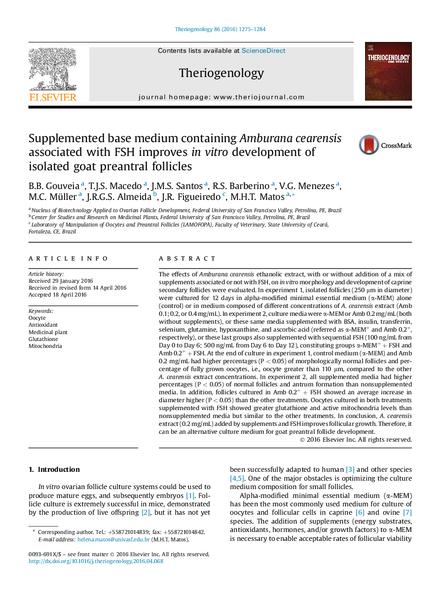 Supplemented base medium containing Amburana cearensis associated with FSH improves in vitro development of isolated goat preantral follicles