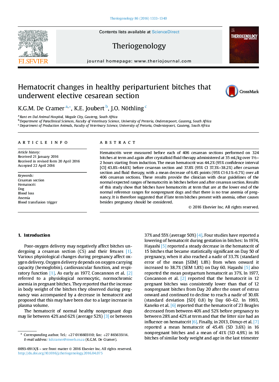 Hematocrit changes in healthy periparturient bitches that underwent elective cesarean section