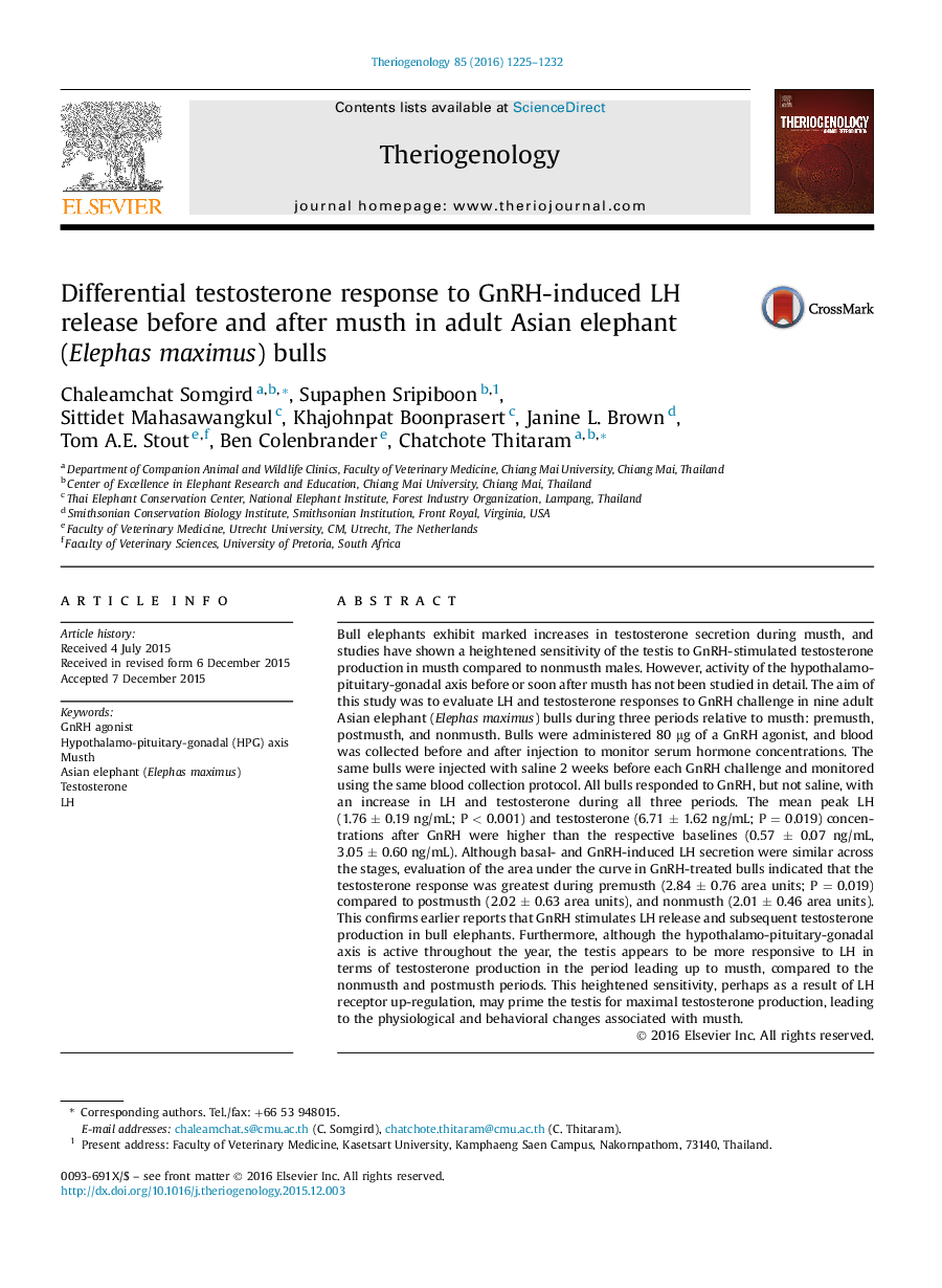 Differential testosterone response to GnRH-induced LH release before and after musth in adult Asian elephant (Elephas maximus) bulls